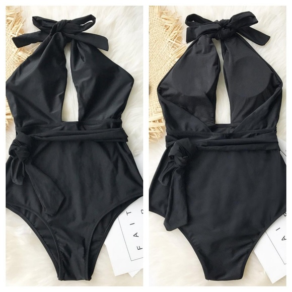 Black One Piece Plunge Swimsuit - Picture 3 of 7